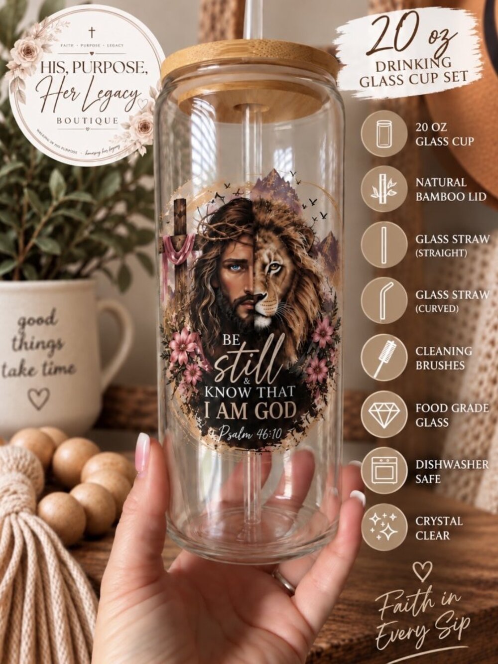 Be Still & Know 20oz Glass Cup | Psalm 46:10 Christian Tumbler | Jesus Lion Fait